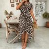 2025 New Women's Round Neck Split Short Sleeve Trendy Print Dress Summer Fashion Slim Fit Korean Style