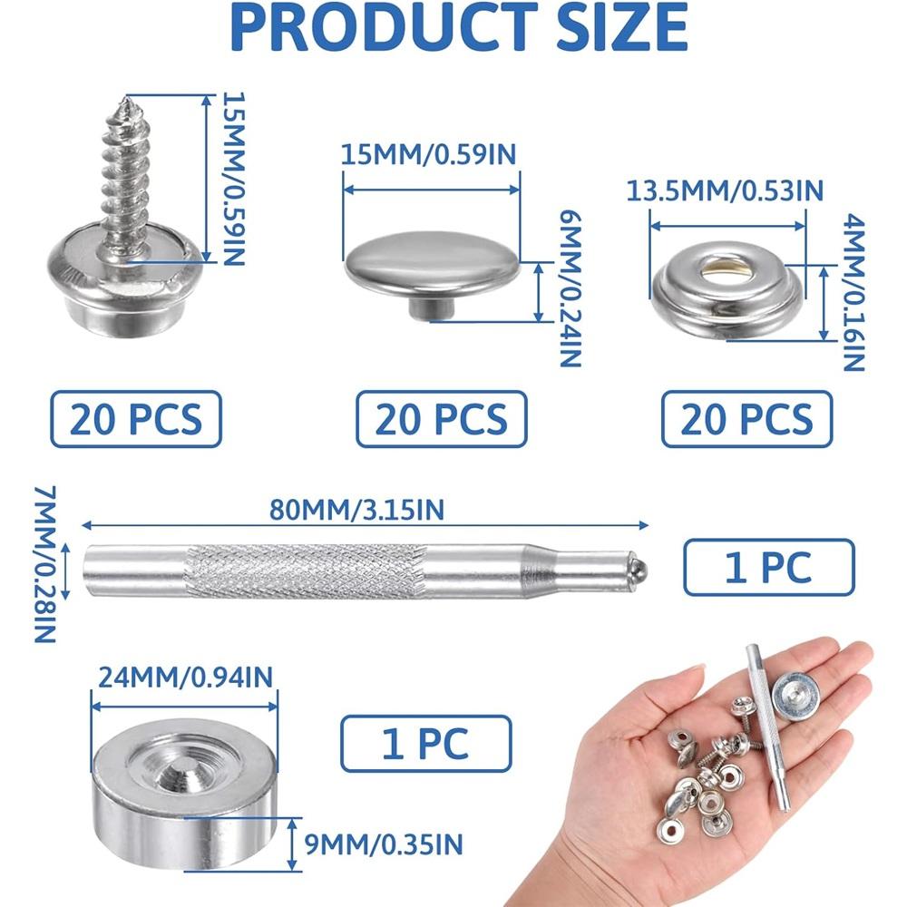 62-piece Stainless Steel Snap Fastener Set, 15 Mm Marine-grade Canvas Snaps, Suitable For Boat Covers, Leather And Wooden Crafts, Durable