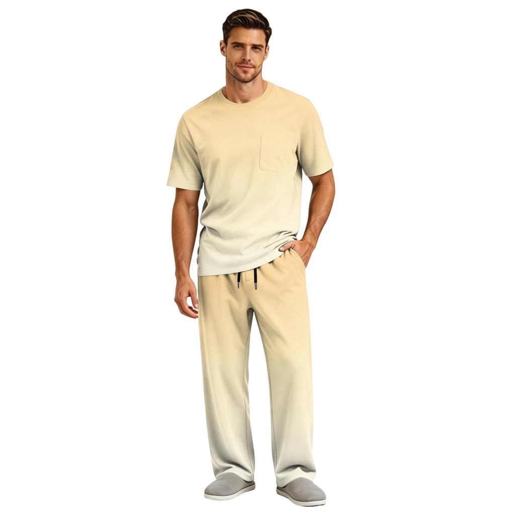 Men's Short Sleeve Pajama Set with Button Fly and Elastic Drawstring Waist