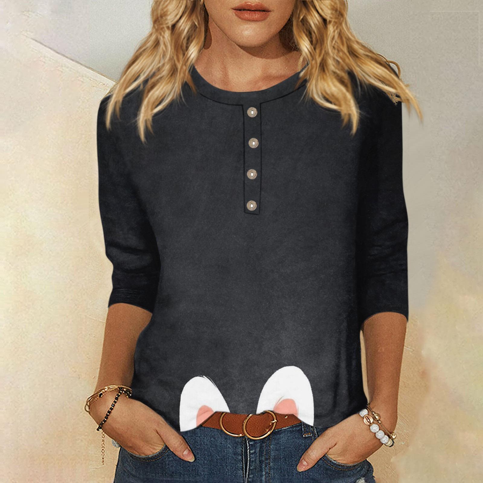 

Женская повседневная футболка с круглым вырезом и пуговицами с рукавом три четверти и принтом на базе L чёрный