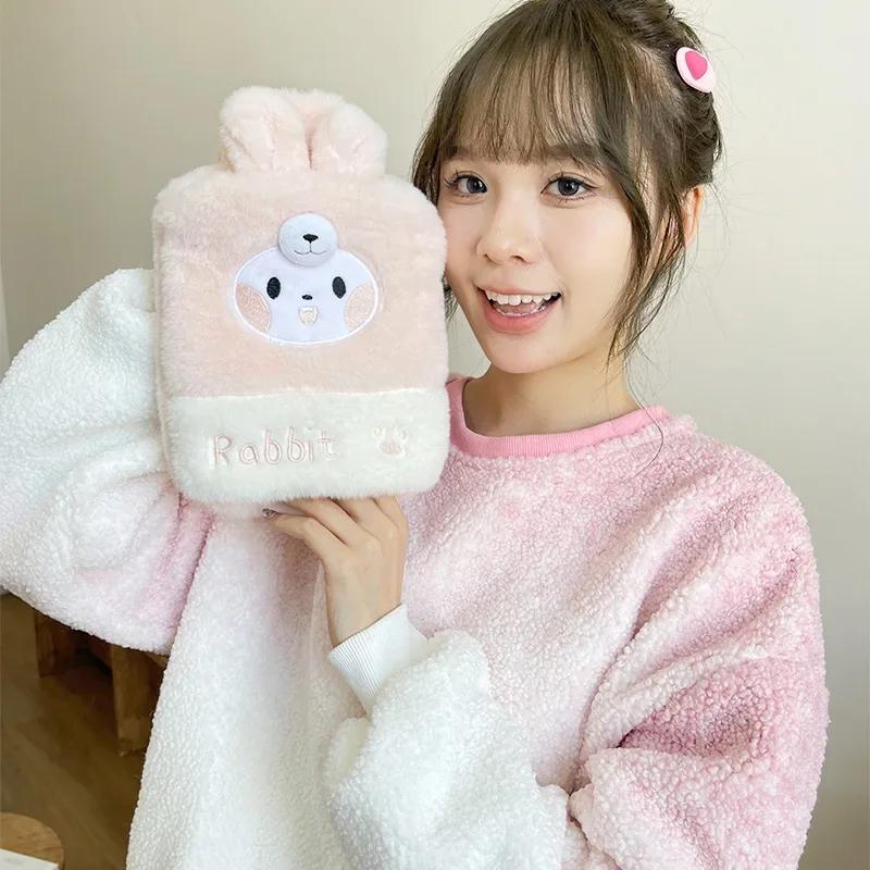 Cute Hot Water Bottle Bag 750ML Cartoon Plush Rabbit Shape Hand Warmer Heat Pack Warm Belly Instant Hot Pack Hand Warm Bag