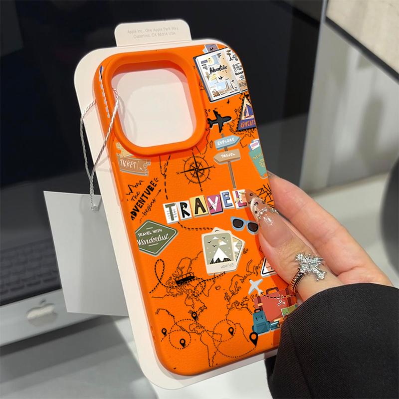 Für iPhone 16 15 Pro Max 14 Pro 13 12 11 Hülle Reise Wegweiser Muster TPU Ledertextur Weich Matt Stoßfest Schlank Handyhülle