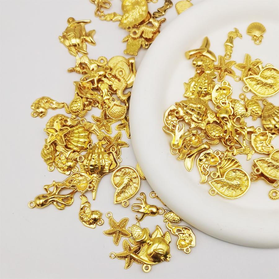 10/15PCS Gold Color Marine Life Charms Alloy Fish Mermaid Shell Conch Seahorse Octopus Pendant Bracelet Jewelry Making Accessory