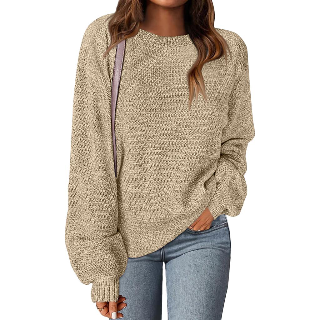 Women's Fashion Round Neck Pullover Sweater Casual Versatile Solid Color Knit Top