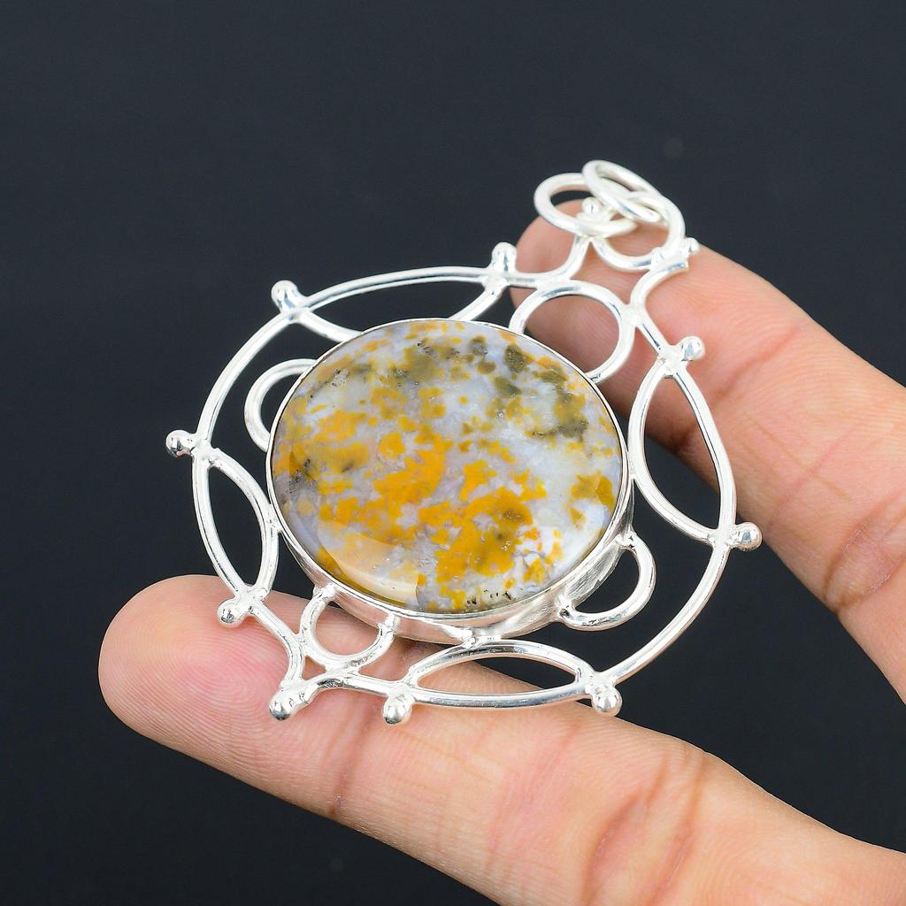 925 Silver Round Plume Agate Gemstone Daughter Unique Trendy New Pendant Jewelry