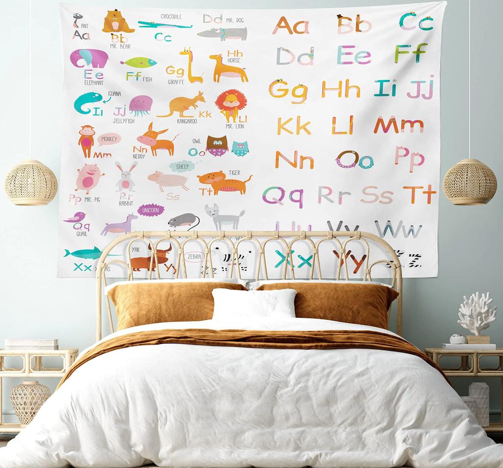 Alphabet Poster Tapestry for Boys Girls Bedroom ABC Learning for Toddlers Cute Dinosaur Art Educational Tapestries Wall Hanging