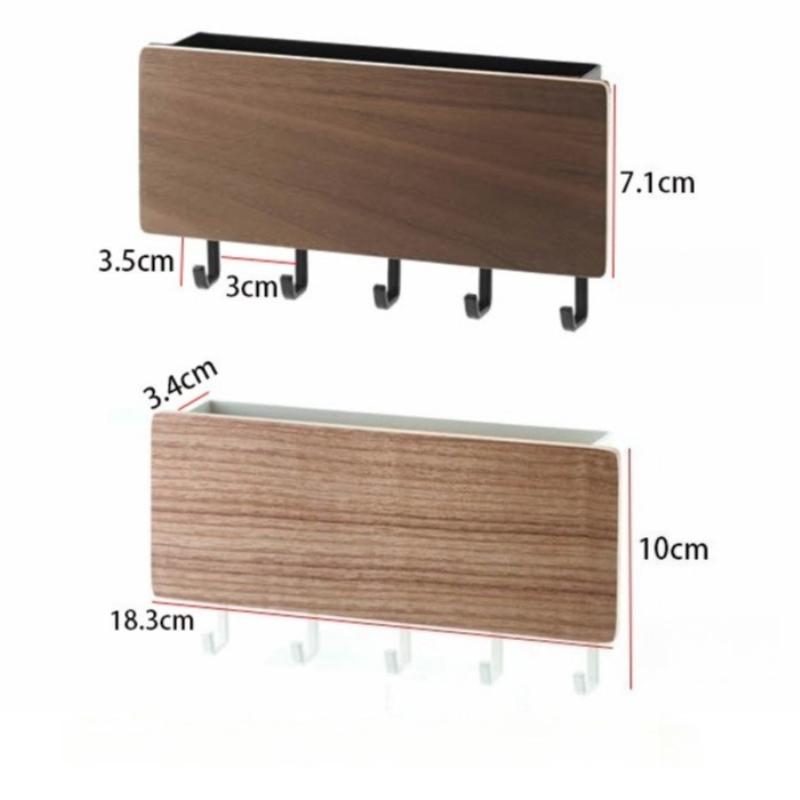 Self-adhesive Punch-Free Wall Key Rack, Wooden Front Door Key Hook Organizer with Storage Compartment for Hallway Entrance