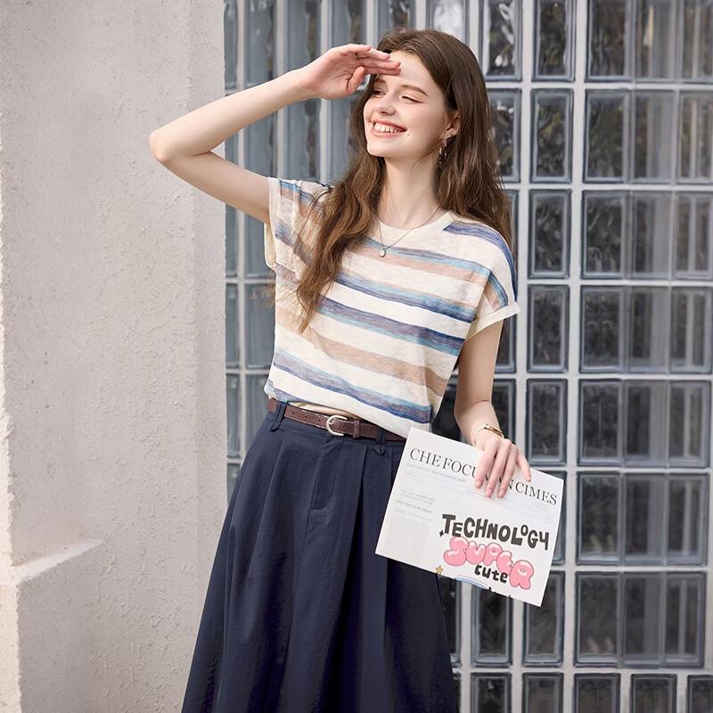 Women's Relaxed Fit Striped Ice Silk T-shirt