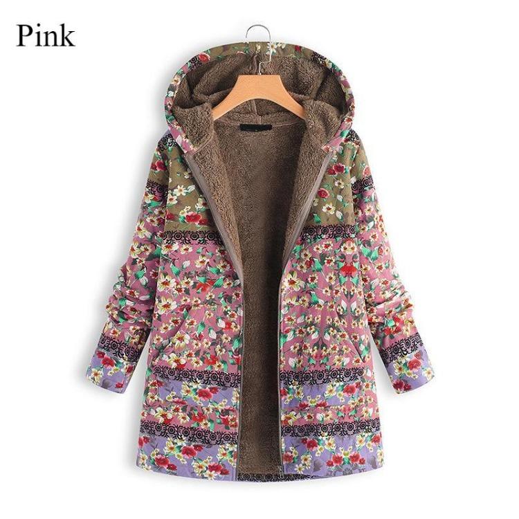 Damenmode mit Kapuze, warm, Reißverschluss, gefüttert, verdickt, langer Baumwollmantel, bedruckt, große Größe für Herbst Winter