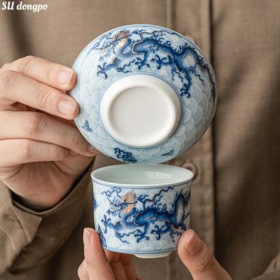 Chinesisches Retro-Porzellan Metallinlay Blau und Weiß Drache Teefilter Keramik Teefilter Sieb Teegeschirr Zubehör