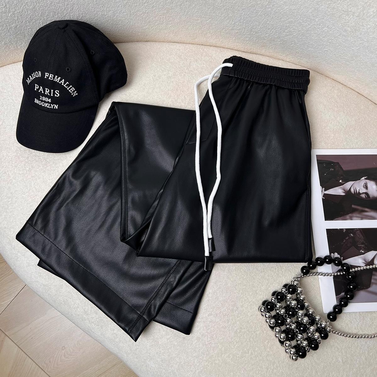 

Мягкая ПУ кожа Эластичная талия Широкие брюки Large чёрный