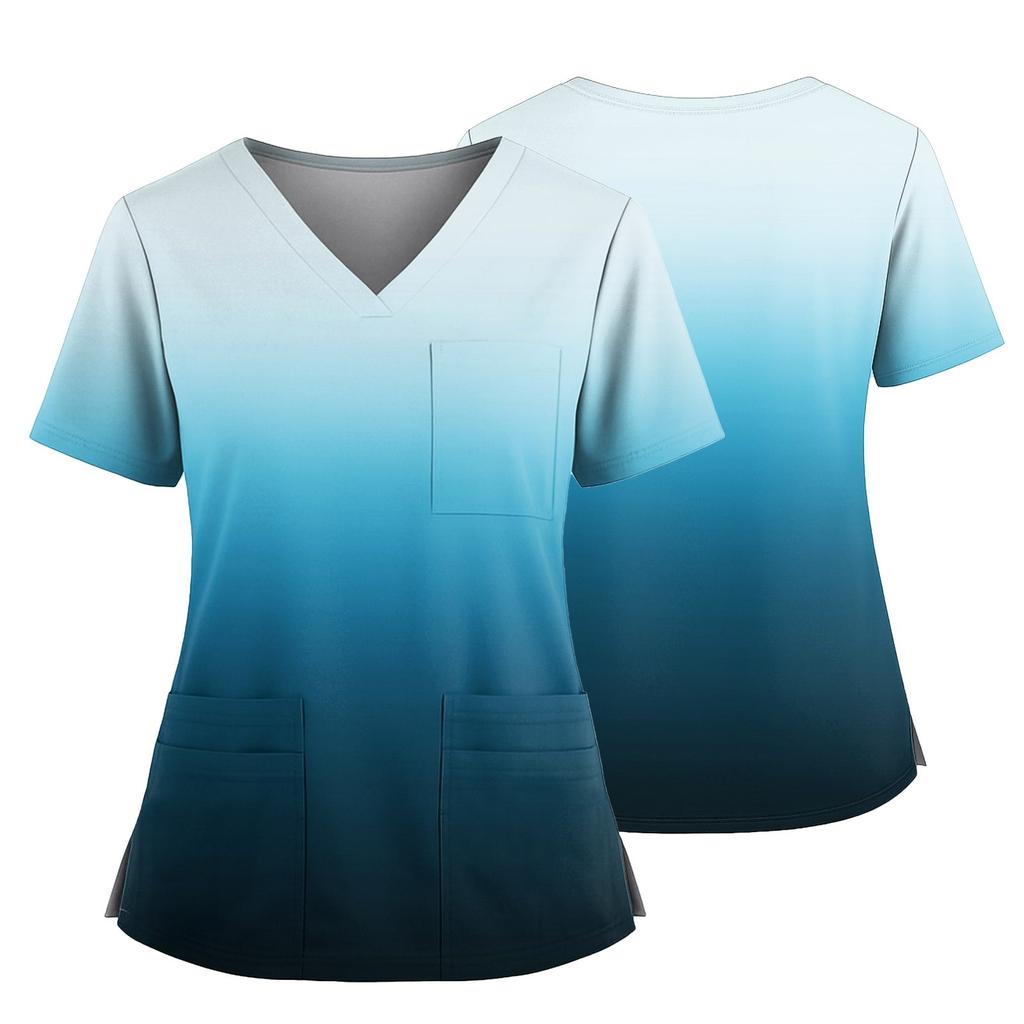 Damen Casual Bedrucktes V-Ausschnitt Taschen Seitennaht Schlitz Kurzarm Top