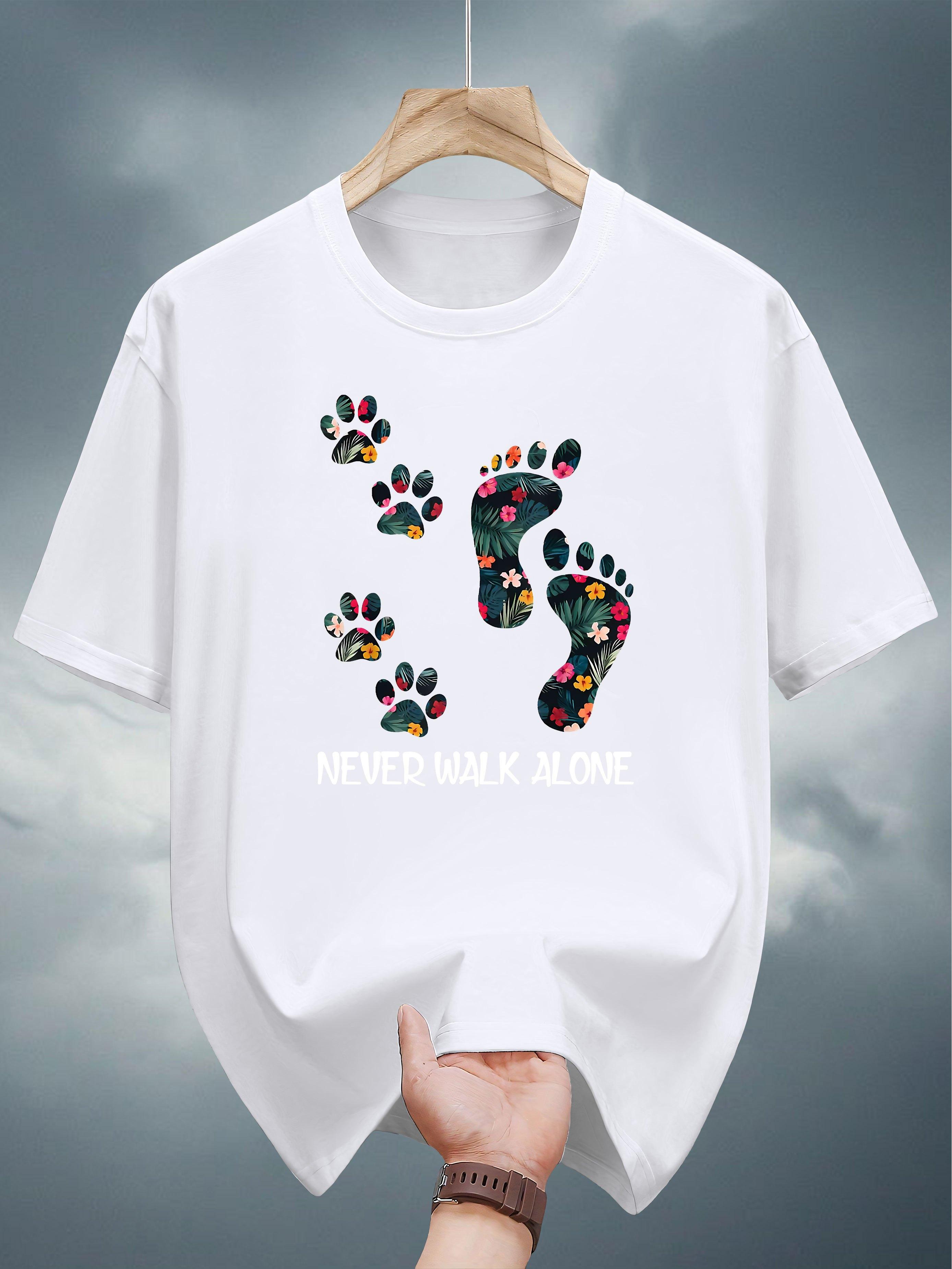 200g 100% Cotton Short Sleeve T-shirt with Floral Print & Never Alone Graphic - Navy Blue Casual Summer Tee for Adults S