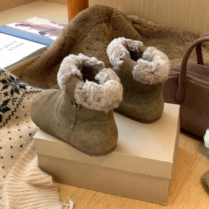 Cowhide version~ plush boots women's round head retro plush short boots flat cotton shoes warm plush snow boots