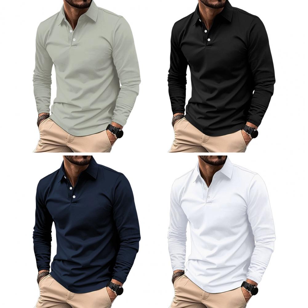 Men Summer Blouse Buttoned Turn-down Collar Pullover Long Sleeves Mid Length Single Color Leisure Business Style Top