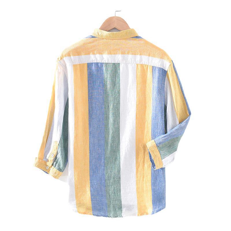 Men's Vertical Stripe Linen Blend Shirt Casual Roll Up Sleeve Loose Fit Streetwear Top
