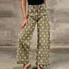 Women's Loose Fit Wide Leg Jeans Polka Dot Patchwork Distressed Denim