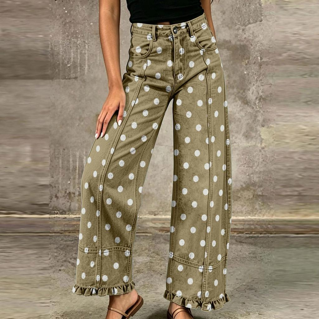 Women's Loose Fit Wide Leg Jeans Polka Dot Patchwork Distressed Denim