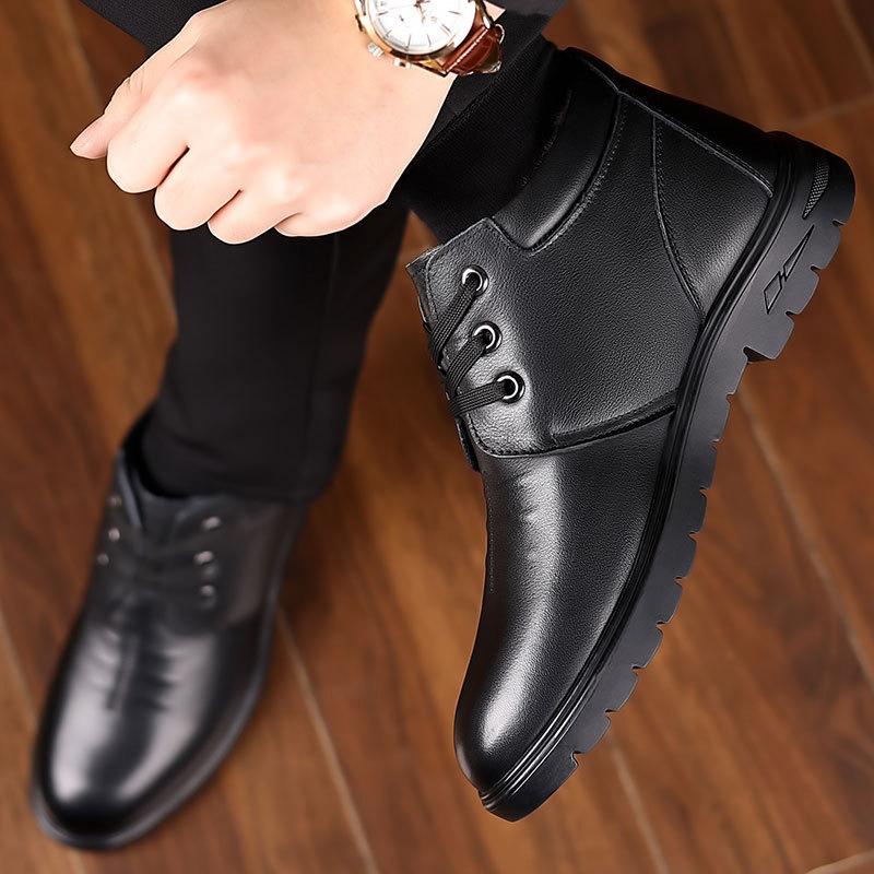 Men's shoes winter non-slip leather wool men's cotton shoes piled thickened lace-up snow boots men's large size 48 cotton leather shoes