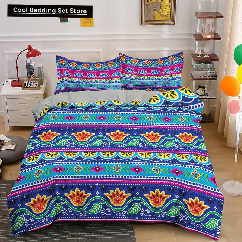 Indian Floral Style King Queen Duvet Cover Colorful Boho Mandala Bedding Set for Adults Geometric Exotic Polyester Quilt Cover