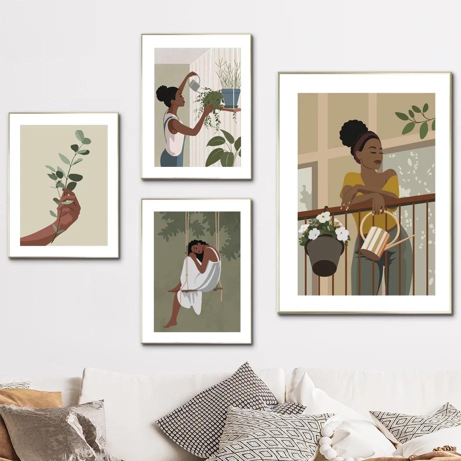 Abstract African Black Girl Swing Hand Flower Minimalist Wall Art Canvas Painting Posters for Living Room Modern Home Decor