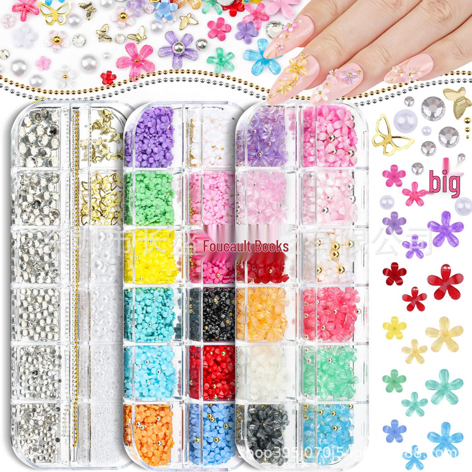 12-Grid Nail Art Decoration Set: Glass Flat Rhinestones, AB Rhinestones, Mini Steel Beads, Half Pearls