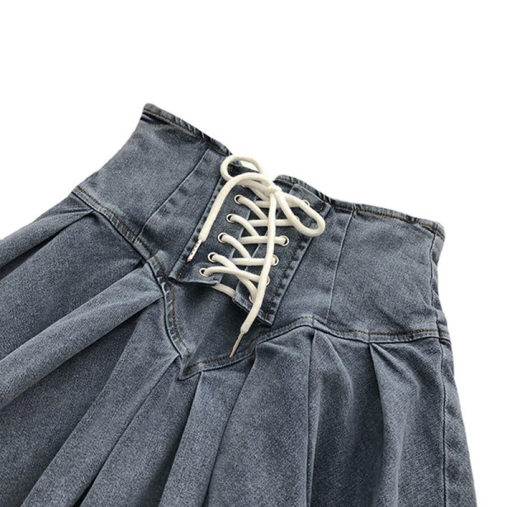 Women's Fashion Anti-Walking Denim Pleated Skirt Corseted Half-body Skirt With Lined Word Short Skirt