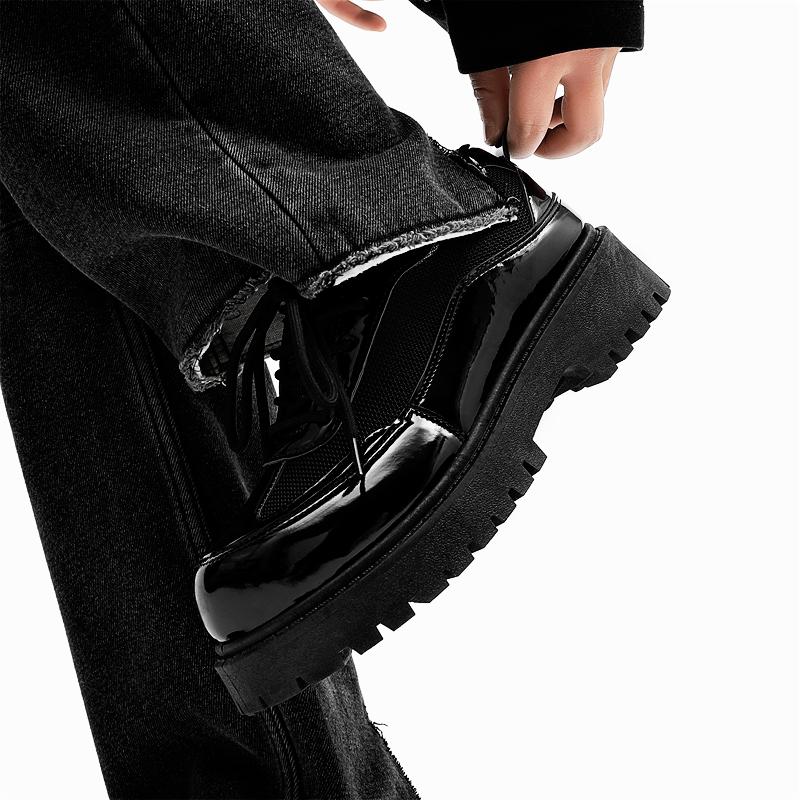 Fashion Solid-Color Patent Leather Mesh Men's Lace-Up Casual Shoe Comfortable And Durable Walking Shoe Breathable Round-Toe Travel Shoes