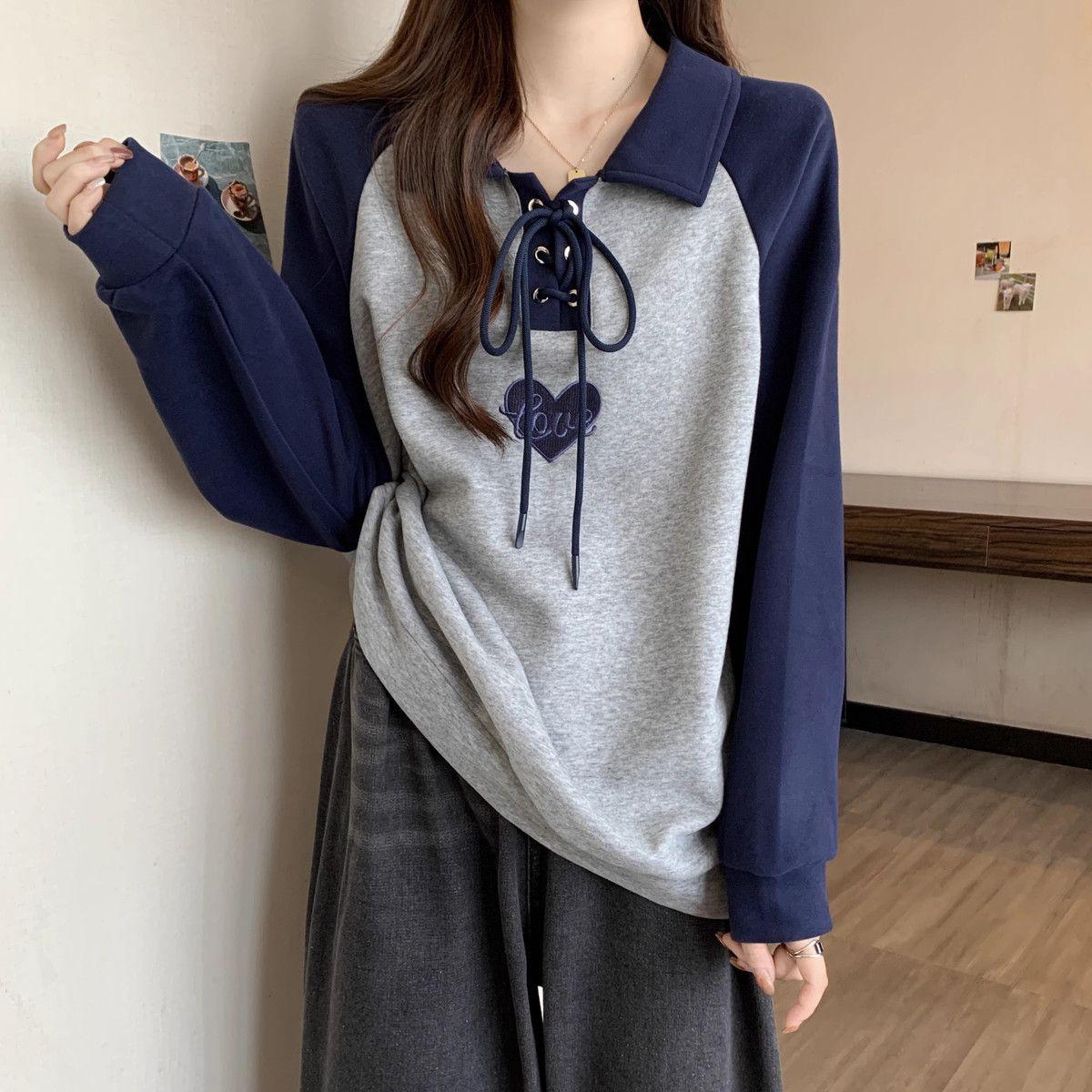 

Женская толстовка с контрастными лацканами и длинными рукавами, свободные толстовки в форме сердца, повседневные топы с буквенным принтом 2XL