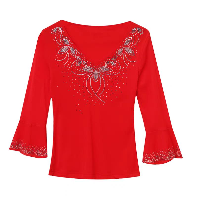 Summer Streetwear Women's Tops Shirt Elegant Slim V-Neck Hot Diamonds Mesh T-Shirt Flare Sleeve Slim Tees