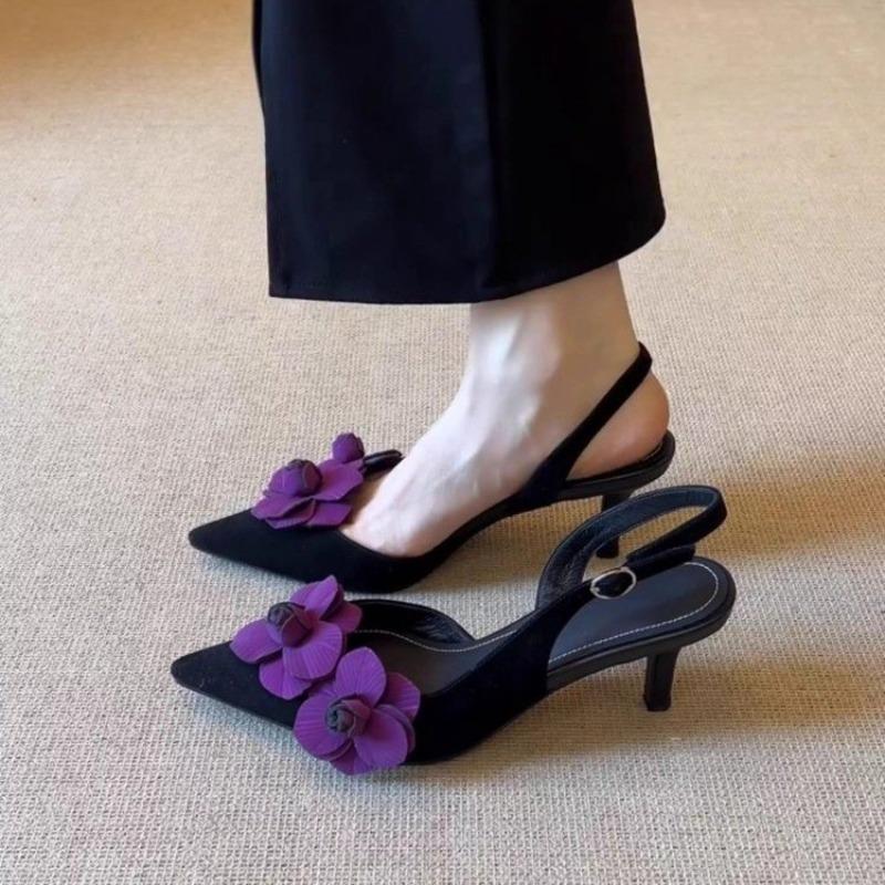Retro Pointed Toe Three-dimensional Flowers Beautiful Baotou Sandals Women's Outer Wear Stiletto Heel Back Trip Strap Sandals