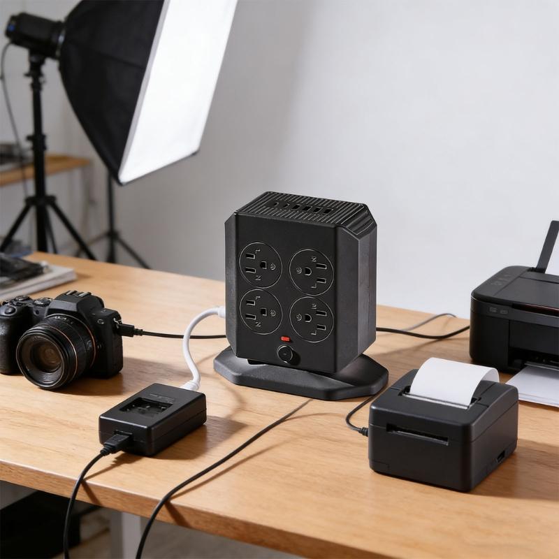 Multiple Device Charging Station Vertical Design 8 Outlets Small Power Tower Plastic Texture for Desks and Travel