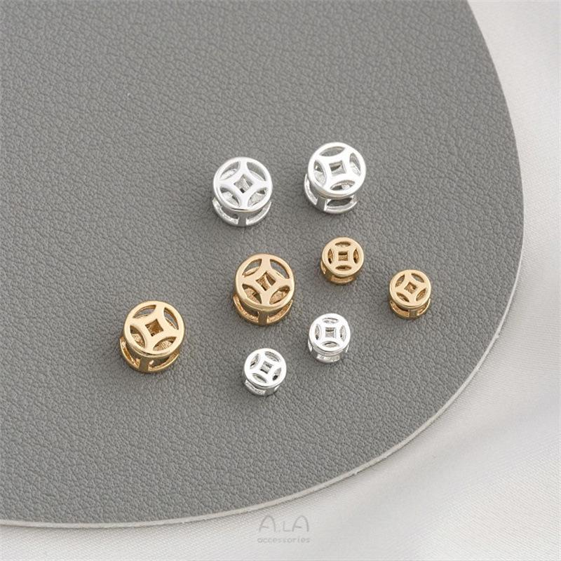Copper-Plated 14K Gold Color-Preserving Hollow Coin Bead Bracelet with Large Hole Spacer Beads On Woven Leather Cord - DIY Beading Accessories.
