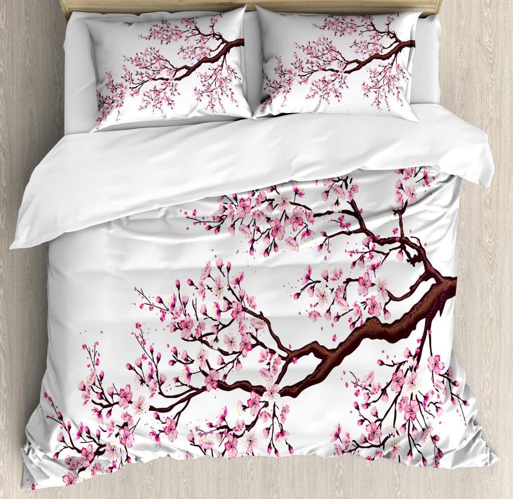 Japanese Duvet Cover Set,Branch Of A Flourishing Sakura Tree Flower Cherry Blossoms Spring Theme Art Japan Bedding Set Full Size