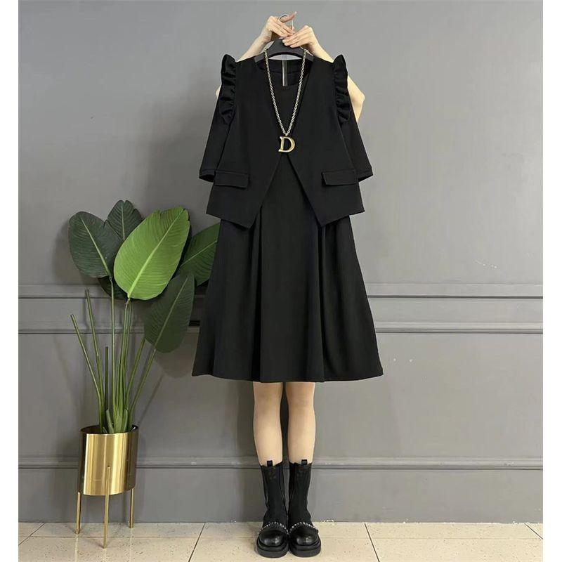 

Plus Size Ladies Slim Looking Dress Flab Hiding Casual Fashion Vest Black two I-piece set 3XL