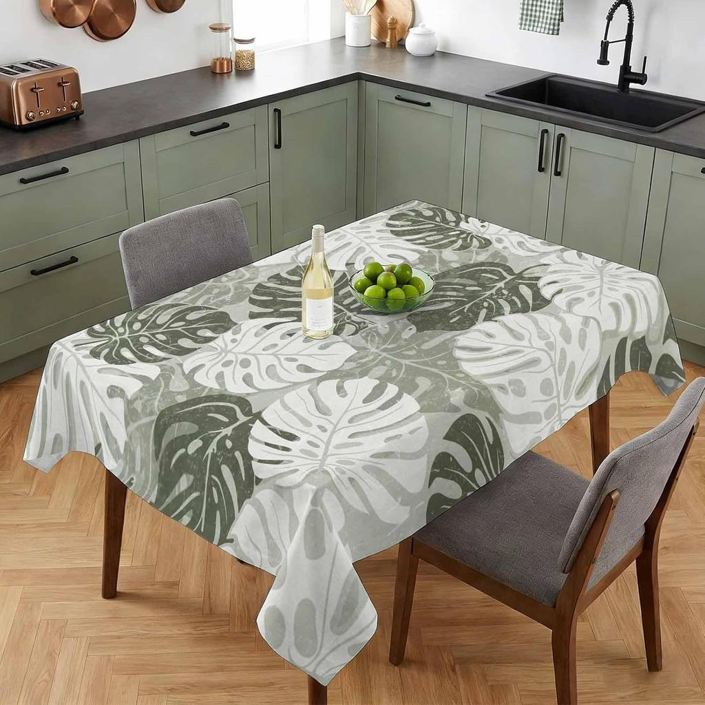 Green Monstera Summer Tablecloth Waterproof Rectangle Abstract Country Botanical Printed Tables Cover for Kitchen Wedding Party