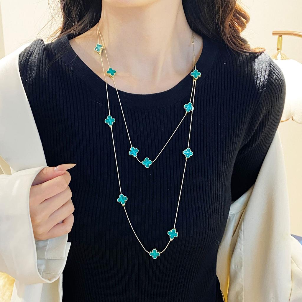 Light Luxury Four-leaf Clover Long Necklace Women with Fall and Winter Sweater Chain High-level Sense of Double Layered Stacked Clothes Pendant