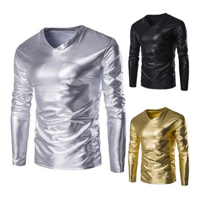 Men Top Slim Fit V Neck Long Sleeve T-shirt Trendy Shiny Bronzing Gloss Men Blouse for Parties Stage Proms