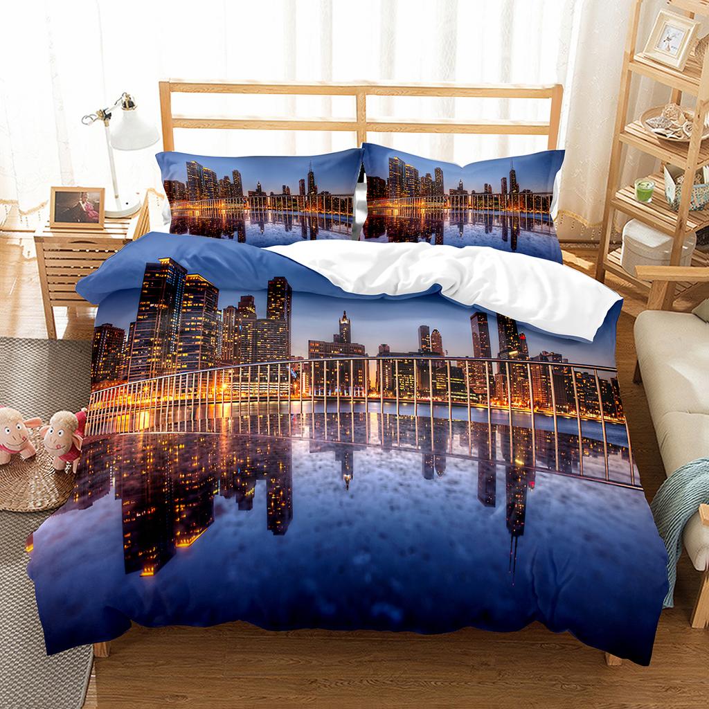 Cityscapes King Queen Duvet Cover Tall Buildings Landscape Bedding Set Busy Traffic View Quilt Cover Polyester Comforter Cover