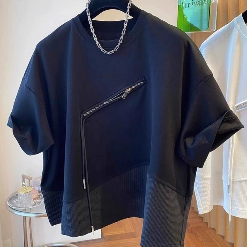 Summer Personality Irregular Patchwork Drawstring Half Zipper Loose Casual Oversized Ruffian Handsome Short Sleeved T-shirt