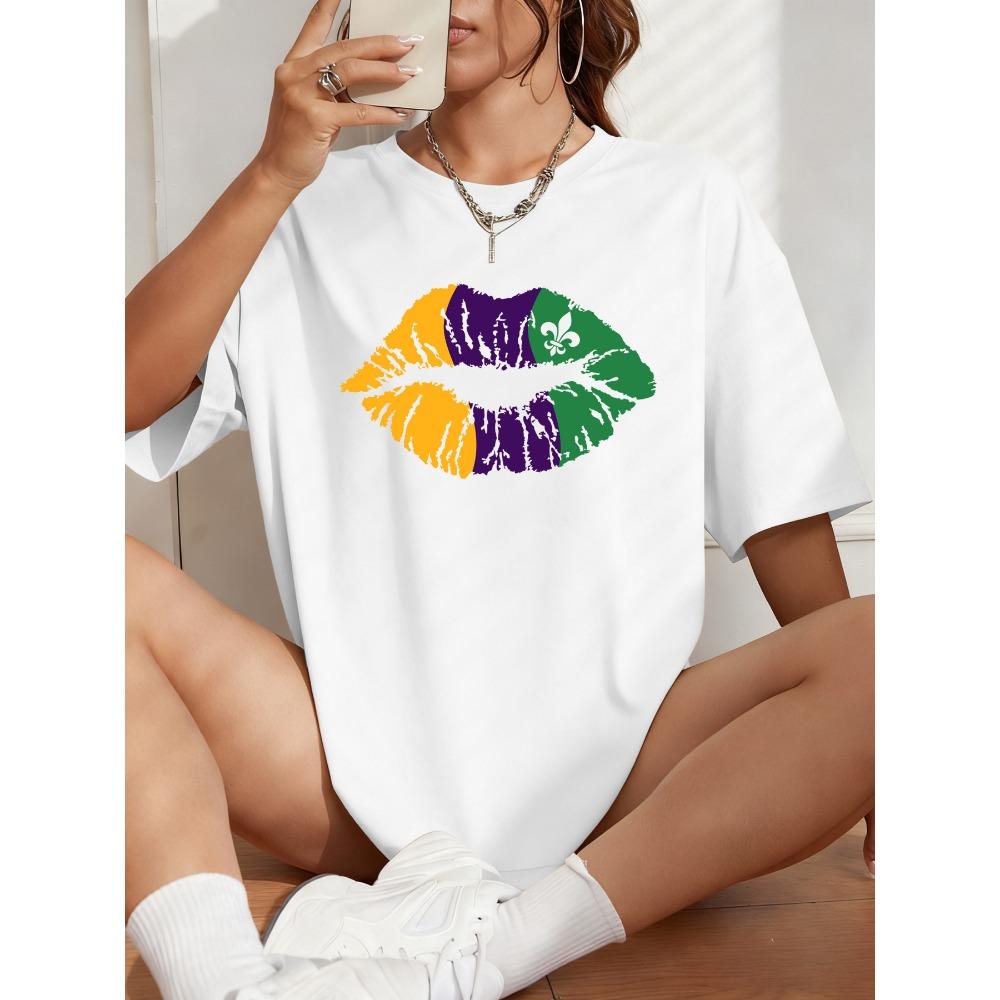 

Happy Carnivals Creative Lips Printed Women T-Shirt Cotton Y2K T Shirts Comfortable Short Sleeve Oversized Summer S