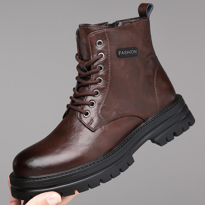 2026 Autumn Winter New Work Boots for Men Fashion Causal Leather Cotton Shoes Male Retro Solid Color Platform Ankle Boots Man