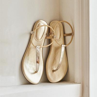 Version peau de mouton~ Sandales romaines dorées en cuir véritable pour femmes, été, un mot avec semelle plate antidérapante, tongs à orteils