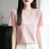 2026 Summer New  V-neck Short-sleeved T-shirt Women's Solid Color Joker Pullover Shirt with Loose Sleeve Bottom Shirt
