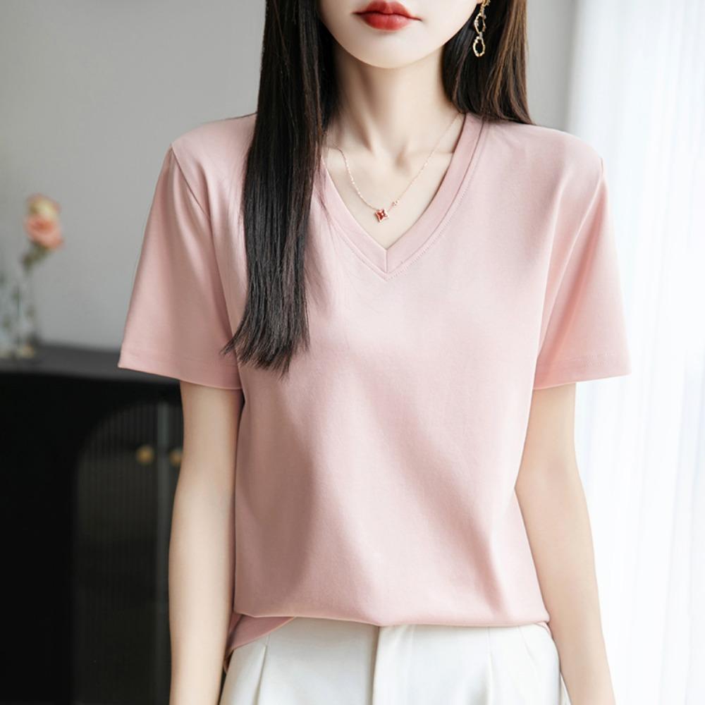 2026 Summer New  V-neck Short-sleeved T-shirt Women's Solid Color Joker Pullover Shirt with Loose Sleeve Bottom Shirt