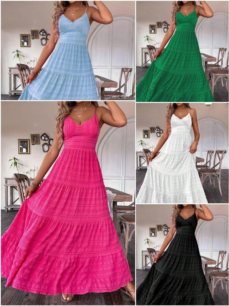Women's Layered V-Neck Maxi Dress with Thin Straps for Summer Vacation