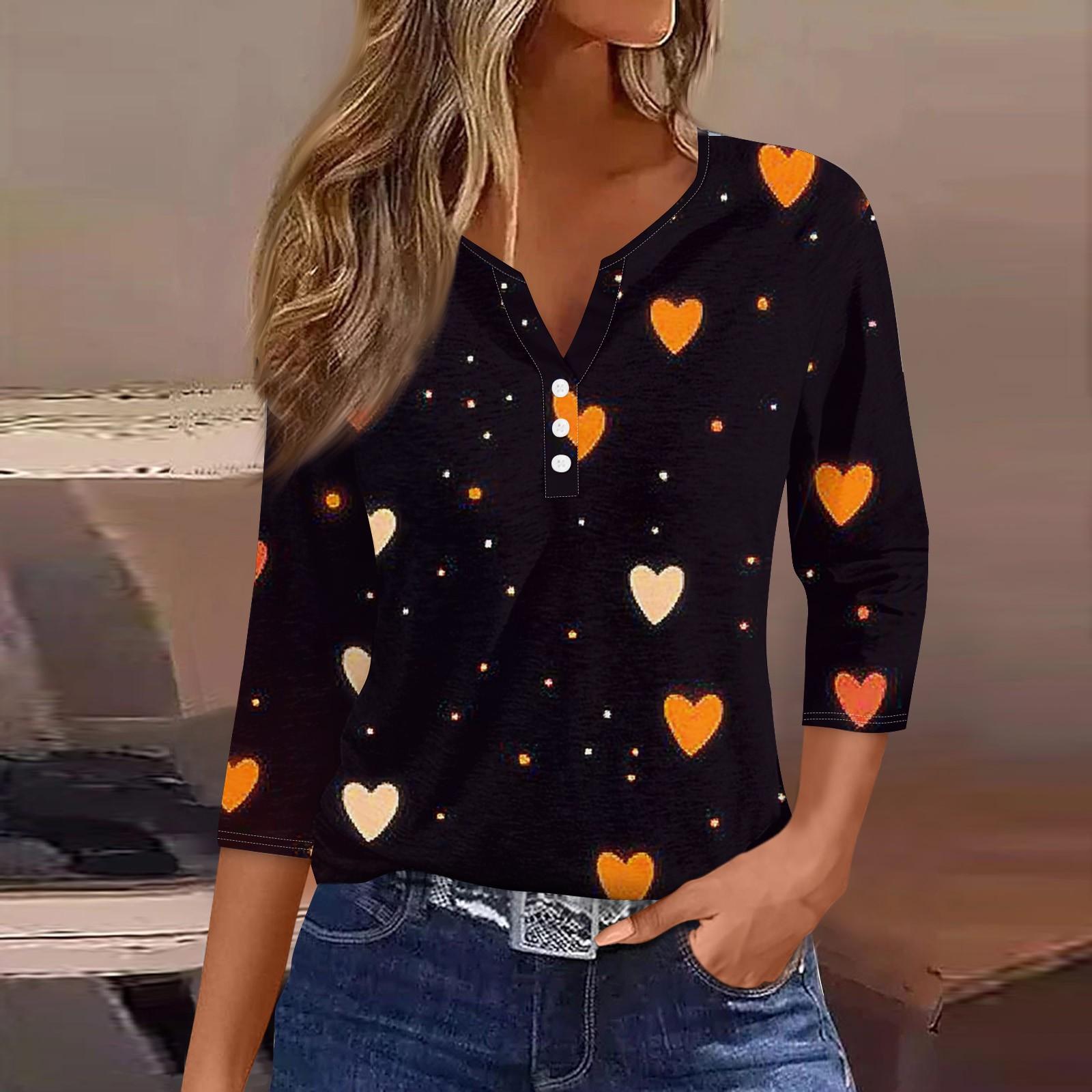 

Женская модная повседневная футболка с V-образным вырезом и декоративными пуговицами на День святого Валентина с рукавом три четверти XXXL чёрный