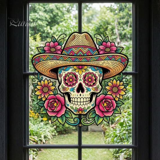 Durable Sunproof Window Stickers Flower Skull Wall Sticker, Day of The Dead Decorative Decals, Waterproof PVC Removable for Windows Glass Doors