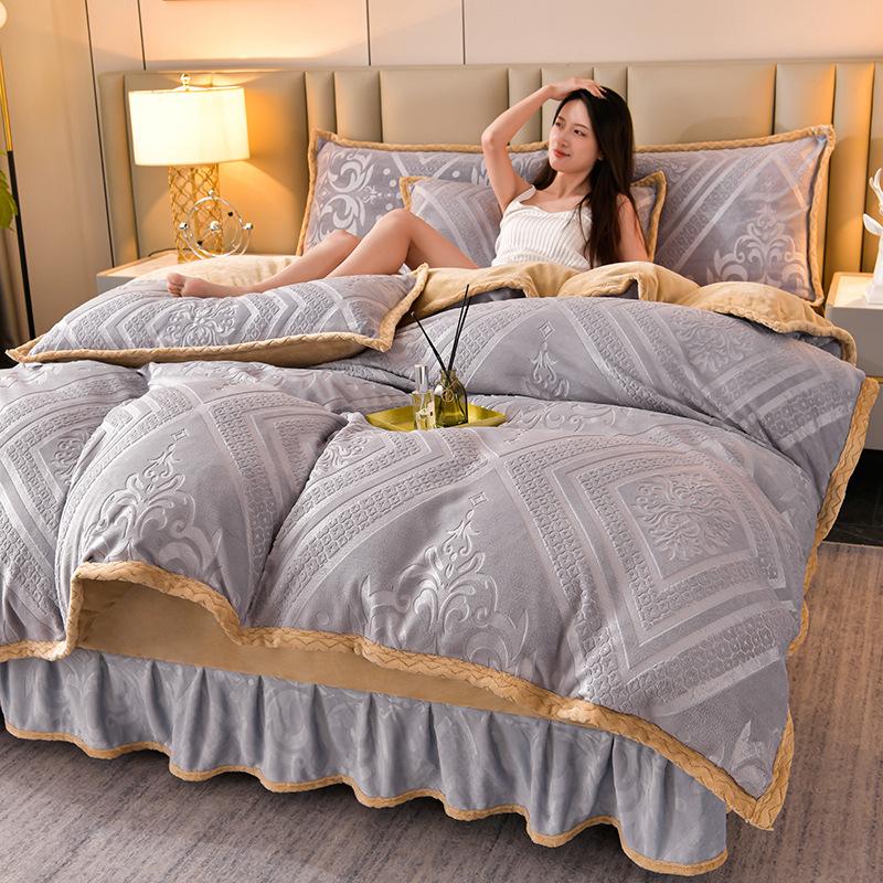 Class A Maternal And Infant Grade High-Gram Carved Fleece Milk Fleece Bed Skirt4-Pcs Set, Winter Double-Sided Fleece Quilt Cover