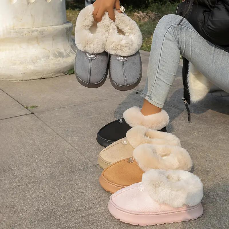 Women's Platform Boots Winter Fur Chunky Shoes Ankle Warm Plush House Fluffy Footwear Plush Lined Slip On EVA Sole Slippers New